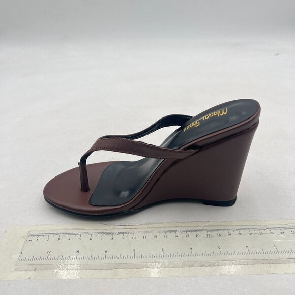 Milooey shoes Brown Round Toe Flip Flops Sandals Wedge High Heels Slip On Shoes - Picture 2 of 8